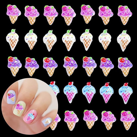 1 Box Kawaii Nail Charms Cartoon Ice Cream Nail Rhinestones 3D Flat Back Stones Summer Nail Gems Strawberry Head Ice Cream Rhinestones for Nails Mini Glass Gems Jewelry for Crafts Nail Accessories