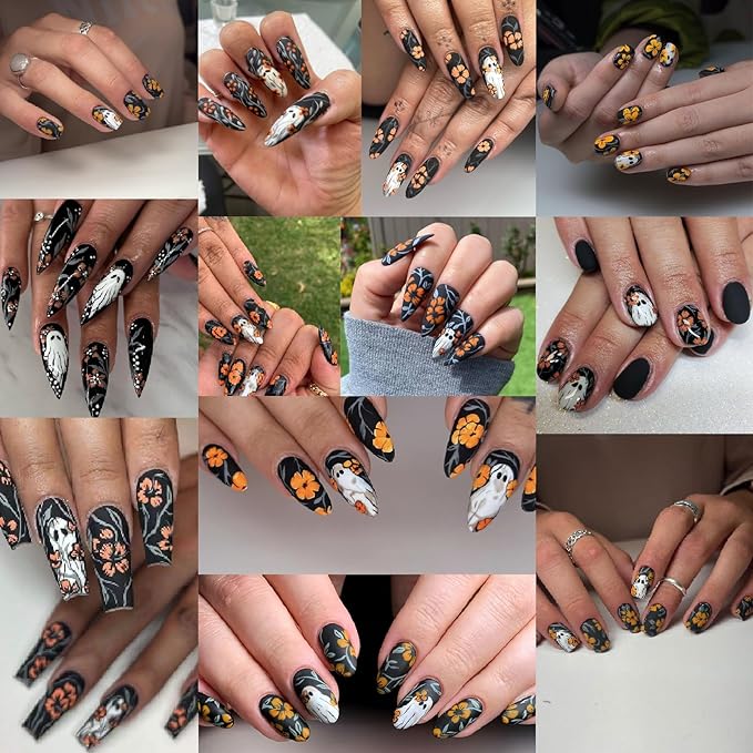 8 Sheets Halloween Nail Art Stickers Decals Halloween Cute Ghost Flower Nail Stickers Gold and Silver Hibiscus Flowers Designs Nail Decals for Women Girls DIY Manicure Decorations