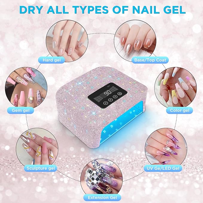 Aedavey Cordless UV Nail Lamp, Rechargeable UV Light for Gel Nails, LED Nail Lamp with 4 Timer Modes, Gel Nail UV Light Decorate with Sparkling Nail Rhinestones