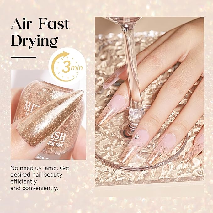MIZHSE Quick Dry Glitter Nail Polish, Metallic Gold Nail Polish Air Dry Fast, 15 ml High Glossy Sparkle Shiny Shimmery Chrome Nail Pigment Water-based Nail Art Salon Manicure Home