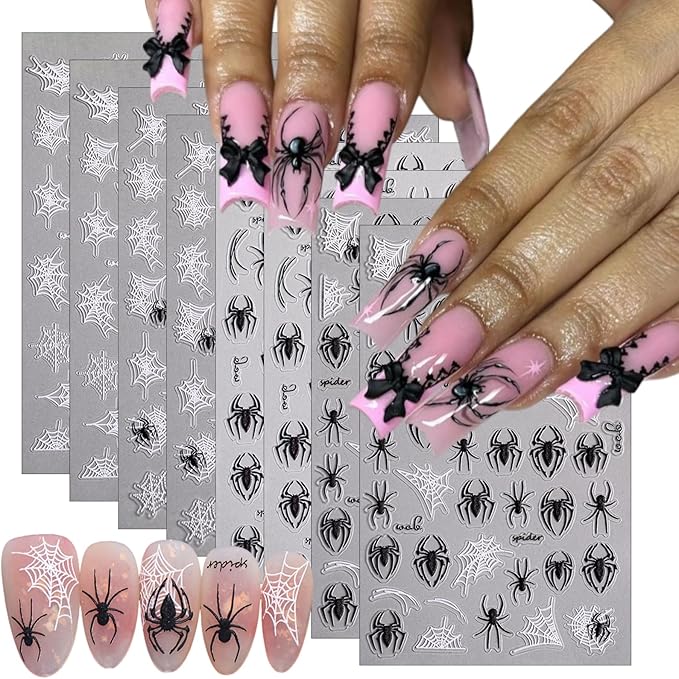 4 Sheets Halloween Nail Stickers for Nail Art 5D Embossed Self-Adhesive Spider Web Nail Art Stickers White Black Spider Nail Decal for Women Girls Scary Halloween Manicure Decoration