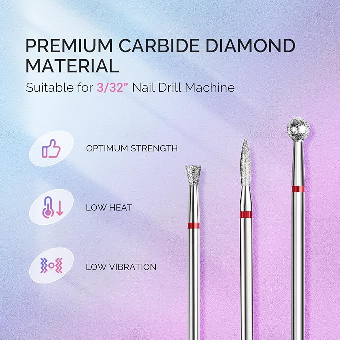 MelodySusie 3Pcs Cuticle Cleaner Nail Drill Bits Set, 3/32'' Safety Carbide Diamond Bits, Ball, Flame and Inverted Tapered Bits, Suitable for Cuticle Dead Skin Nail Prepare, Silver