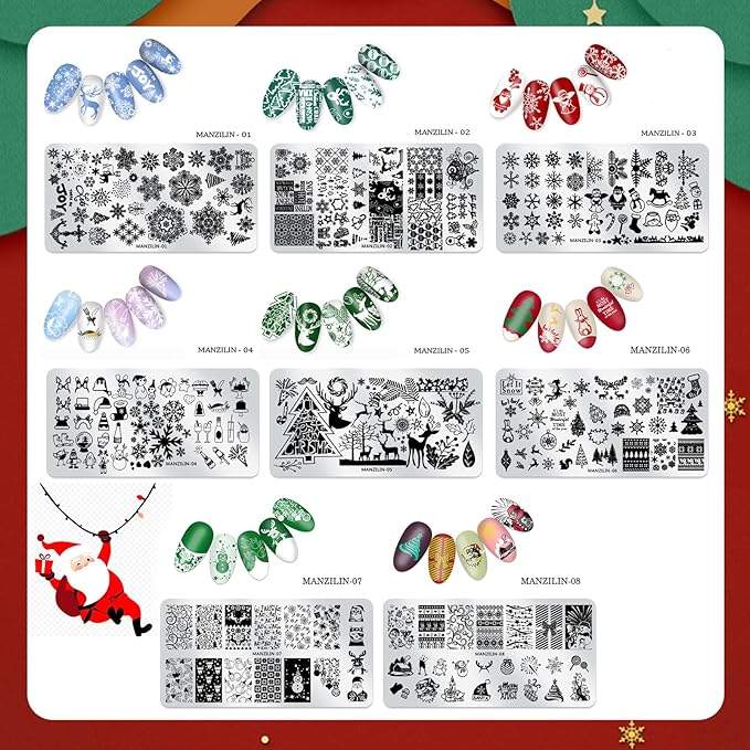 Christmas Nail Stamping Plates - Winter Stamp Kit with Snowflake, Santa Claus, Christmas Tree, Elk & Candy Bells Designs - DIY Stainless Steel Nail Image Polish Template Kit (8Pcs)