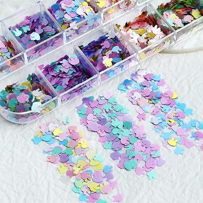 Rabbit Nail Art Glitter Sequins 12 Grids Nail Sequins 3D Holographic Rabbit Nail Decals Flakes for Acrylic Nails Manicure Paillettes Ultra-thin Glitters Nail Art Supplies for Women Nail Art Decoration