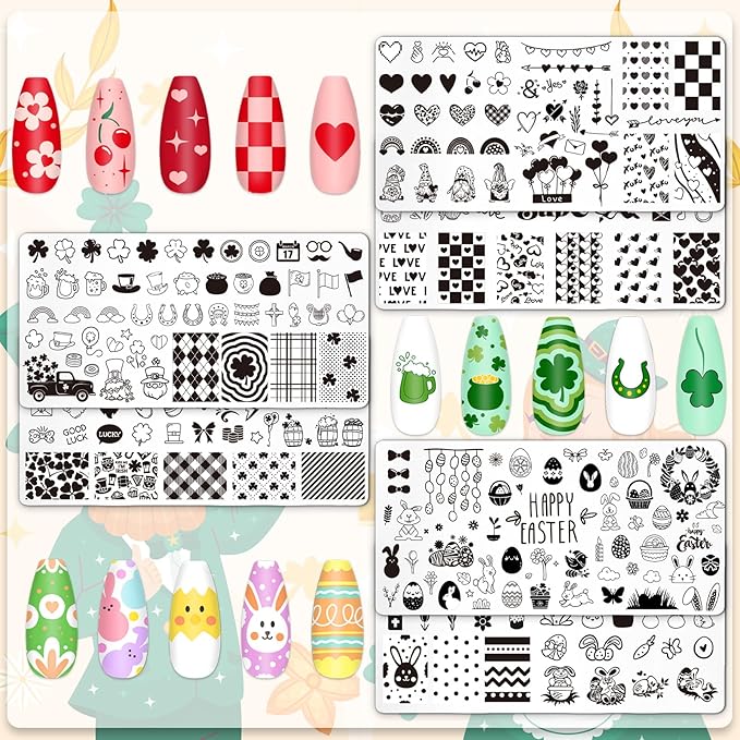 Whaline 6Pcs Valentine's Day St. Patrick's Day Easter Nail Plates Stamping Set Heart Shamrock Egg Stamp Templates Nail Art Plates for DIY Print Manicure Salon Design