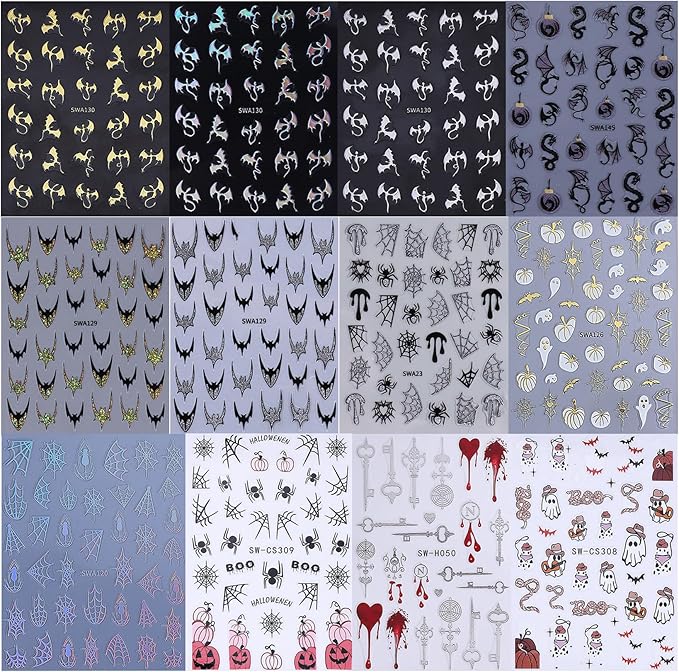 Halloween Nail Stickers Dragon Decals 12 Sheets Spooky Bat Ghost Stickers for Nails Art Metallic Glitter Spider Web Pumkin Blood Key Nail Designs Fall Holiday Supplies Manicure Decoration for Women