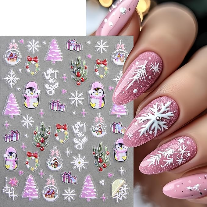 8 Pcs Snowflake Nail Stickers 5D Embossed Self-Adhesive Xmas Snowball Nail Decals Christmas Tree Nail Art Stickers Lantern Ball Holly Leaf Snowmen Nail Supplies for Women Winter Holiday DIY Manicure