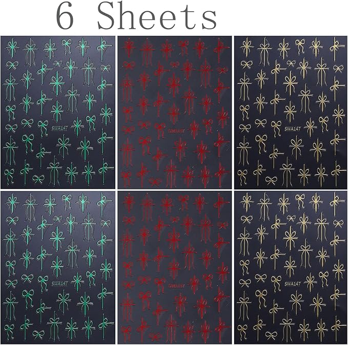 6Pcs Christmas Nail Art Stickers 3D Bow French Tips Line & Gold Red Green Christmas Bow Designs Xmas Nail Supplies French Nail Tip Foils Winter New Year Manicure Decoration Accessories