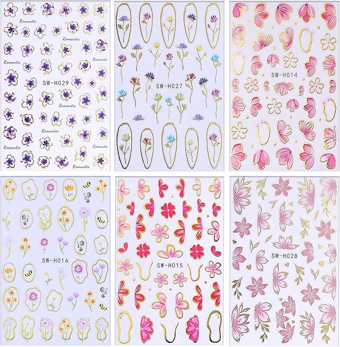 6 Sheets Flower Nail Art Stickers 3D Self-Adhesive Hot Stamping Blossom Nails Sticker Spring Nail Art Decals Holographic Floral Nails Decal Decoration for Women Flowers Manicure DIY Nail Supplies