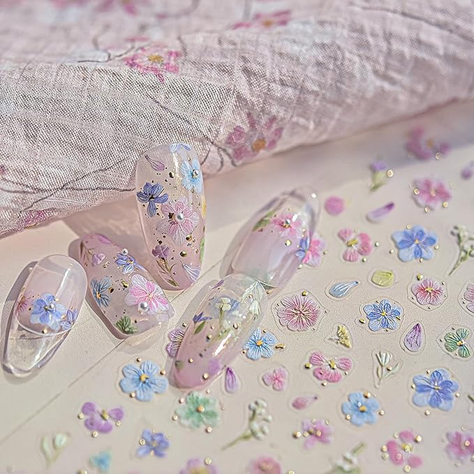 Dried Flower Nail Art Stickers Colorful Flowers Nail Decals for Acrylic Nails 3D Self Adhesive Glitter Designs Nail Sticker Cute Floral Nail Decal Spring Summer Manicure Supplies for Women DIY Decor