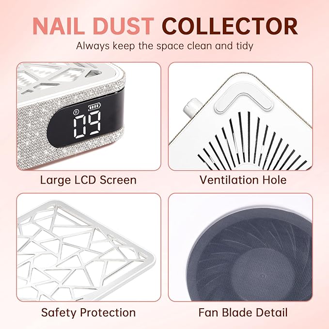 Nail Dust Collector, Cordless Dust Collector Nail Tech, Powerful Vacuum Fan Vent Dust Collector Extractor Dust Suction Machine for Acrylic Nails Polishing, Nail Salon&Home