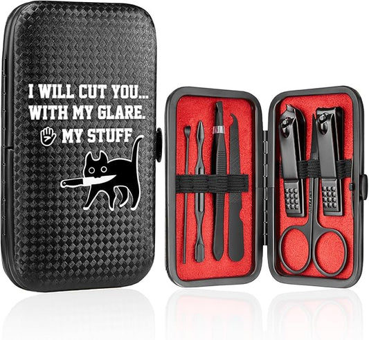 COSHAYSOO Christmas Stocking Stuffers Small Useful Funny Gag Gifts for Office Coworker Dorm Mates, 7 Pcs Travel Manicure Set with Black Case for Women Nail Clipper Grooming Kit Fingernail Care Tools