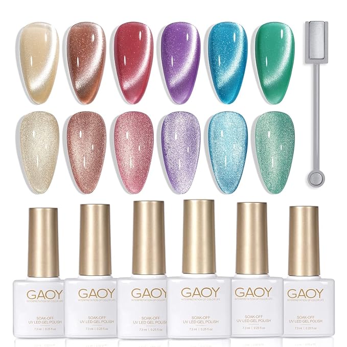 GAOY Glitter Galaxy Cat Eye Gel Nail Polish Set with Magnet for Holographic Cat Eye, Salon Gel Manicure and Nail Art DIY at Home, Gift for Women