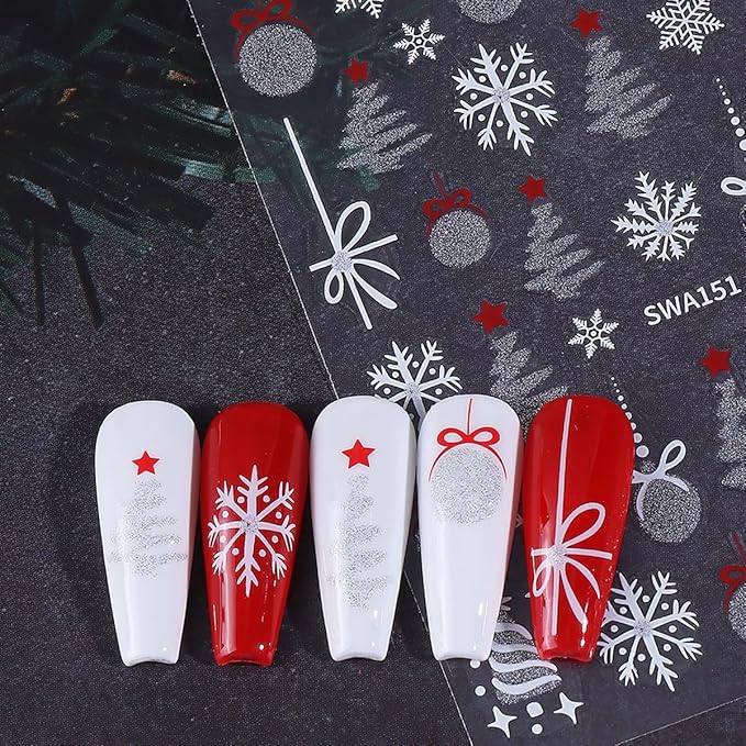 3 Sheets Christmas Nail Art Stickers Snowflake Nail Decals with Xmas Tree Elk Lanterns Design 3D Self-Adhesive Nail Stickers Acrylic Accessories Nail Supplies for Women DIY Christmas Decorations