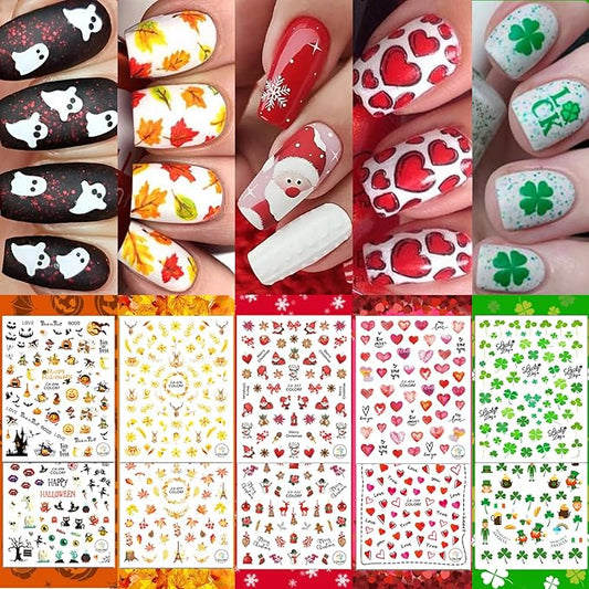 30 Sheets Fall All Holiday Nail Stickers, Autumn Halloween Christmas Thanksgiving Valentine's St. Patrick's Day Nail Art Decals Mixed All Season Set, Self-Adhesive Year-Round Manicure Decorations