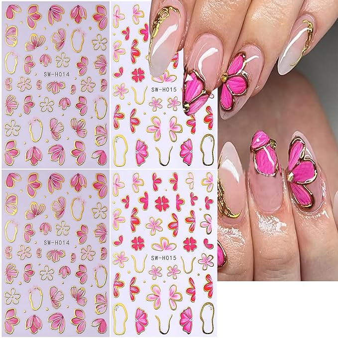 Flower Nail Art Stickers Decals,Colorful Petal Gold Line Nail Stickers for Nail Art Pink Floral Plant Nail Design Flowers Sticker for Nails Spring Manicure DIY for Women Nail Decor Accessories 4PCS