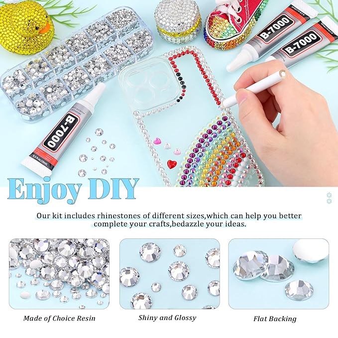 6000Pcs Resin Rhinestones for Bedazzling with 3Pcs B7000 Jewelry Glue, 1 Box Clear Flatback Rhinestones for Crafting Crafts DIY, Crystals Gems for Clothing Shoes Tumblers Nail Art Makeup