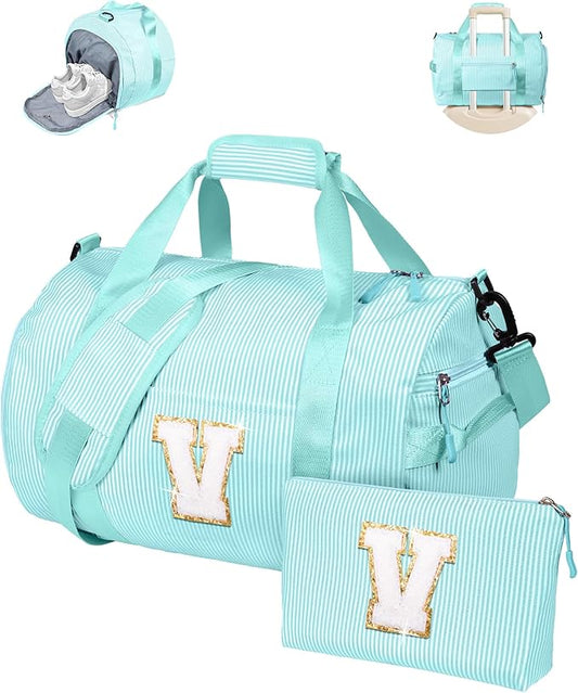 5 Year Old Girl Birthday Gifts, Girls Travel Duffle Bag, Kids Initial Overnight Bags with Shoe Compartment, Personalized Weekend Bag with Cosmetic Pouch, Christmas Gift for Kid (Letter V)