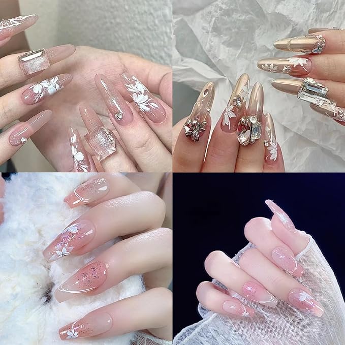 5D Embossed Snow Mowing Nail Art Stickers White Semitransparent Self Adhesive Diamond Flower Nails Stickers Spring Flower Nails Decals Floral Nails Supplies for Women Nail Art Decorations 3PCS