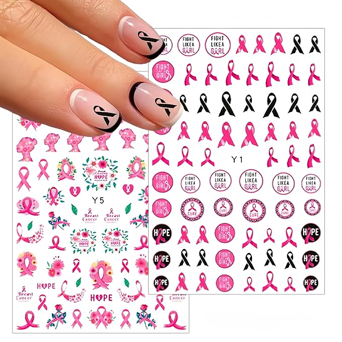Breast Cancer Nail Art Stickers Pink Ribbon Nail Decals 3D Self Adhesive Nail Decals Love Heart Bow Pink Ribbon Design Nail Sticker Breast Cancer Awareness Nail Supplies for Women Decoration 6 Sheets
