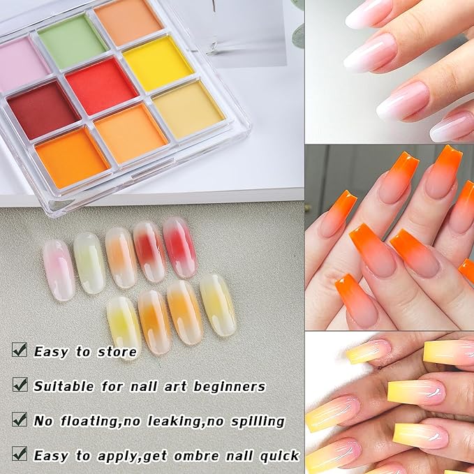 Nail Pigment Powder 9 Colors Nail Pigment Palette Gradient Ombre Color Nails Fine Solid Neon Powder for DIY Design Manicure Beginners -Includes 5 Sponge Sticks 1 Brush #10