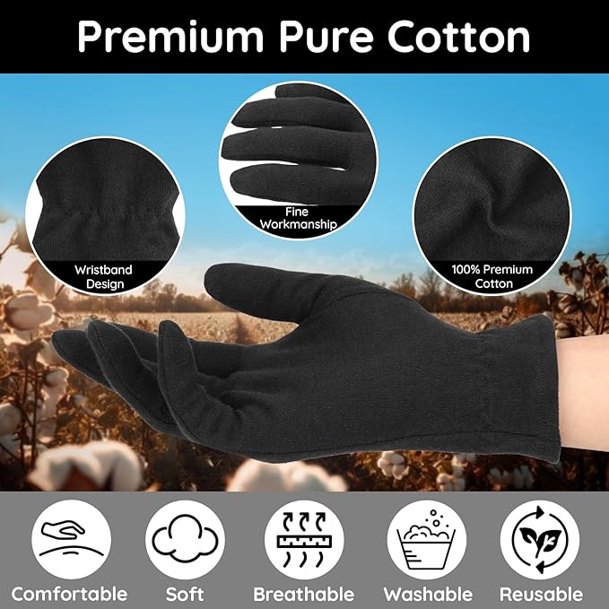 Segbeauty 24 Counts Elastic Black Cotton Gloves Work, 12 Pairs Moisture Lotion Cotton Gloves for Dry Hands Overnight with Elastic Band for Jewelry, At Home Spa Sleep Glove Soft Reusable Gel Glove Bulk