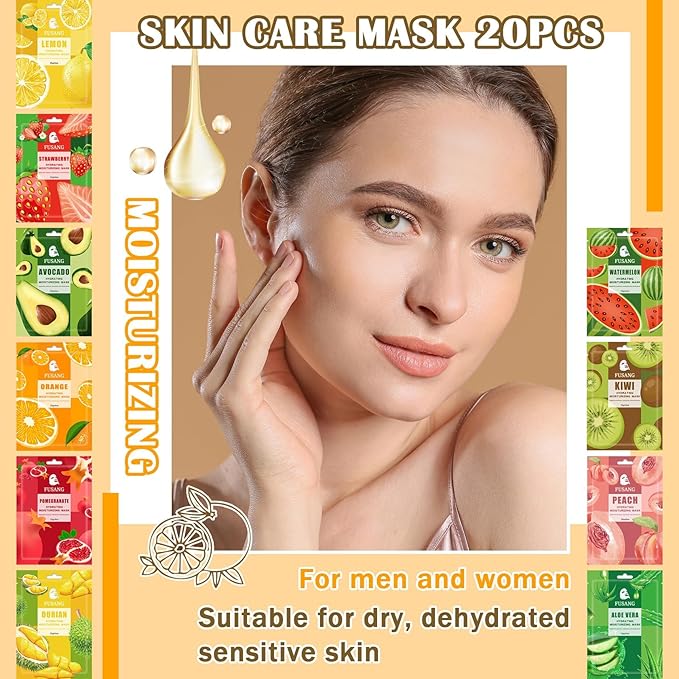 20 Pcs Facial Sheet Mask,Hydrating Face Masks Skincare Gift Set,Moisturizing Soothing Facial Masks,Easy to Use & Nourishing Face Mask Skin Care Set