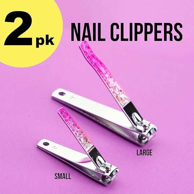 2pc Nail Clipper Set - Big & Small Precision Nail Clippers Value Pack, Water-Resistant Pink Nail Clippers with Comfortable Silicone Grip (Pink)