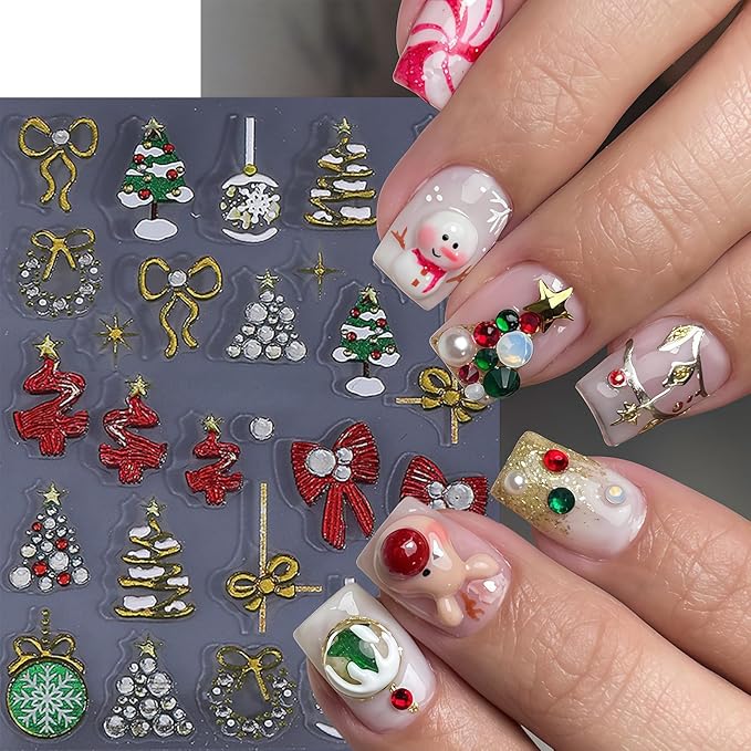 3 Pcs Christmas Nail Art Stickers 5D Embossed Bow Snowball Nail Stickers Xmas Tree Elk Nail Decals Red Gold Bow Snowflake Nails Supplies Winter Holiday Nails Decor for DIY Christmas Party Nail Designs