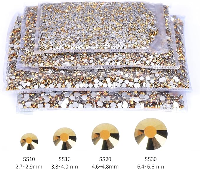 10000PCS Gold Rhinestones Bulk, Flat Back Crystal Glass Stone Round Gems,SS10, 2.7-2.9mm