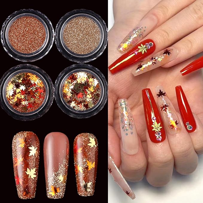 4Pcs Fall Nail Glitters 3D Gold Maple Leaf Nail Sequins with Glitter Flakes Powder Gradient Maple Leaves Shaped Sparkly Supplies for Women Manicure Charms Autumn Winter Thanksgiving Accessories Crafts
