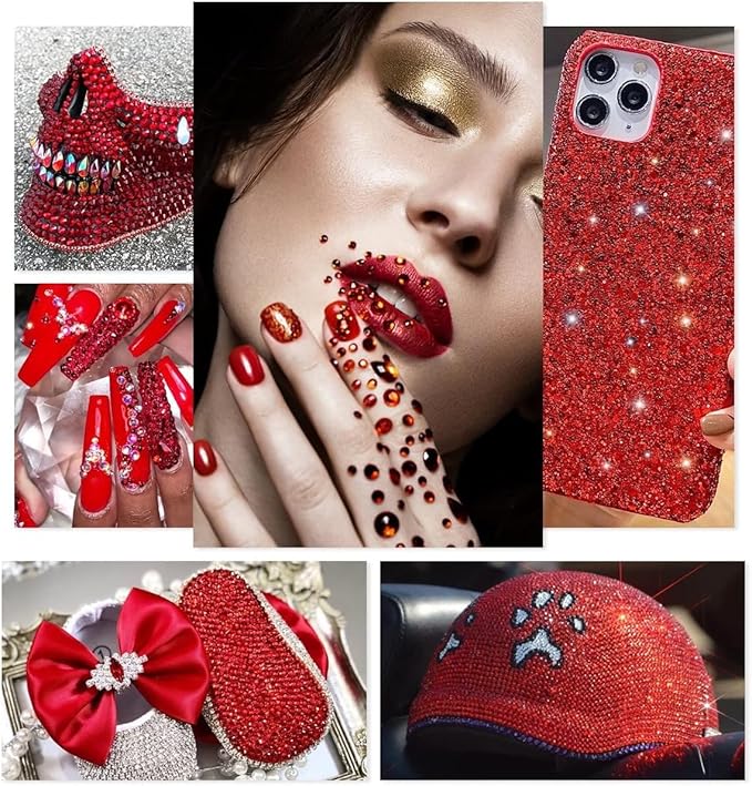 2550pcs Red Nail Art Flatback Rhinestones for Face Makeup Siam Red Nail Gems Gemstones K9 Glass SS4~SS20 6 Sizes Ruby Red Diamonds Stones Crystals w Tweezer & Picking Pen for Nails DIY Crafts