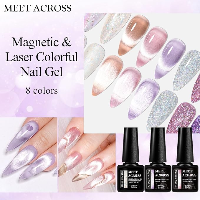 MEET ACROSS 8pcs Gel Nail Polish Set, Soak off UV LED Lamp Gel Nail Polish Cat Eye Set Home Gel Manicure Kit 7ml (Cat Eye + Glitter Gel)