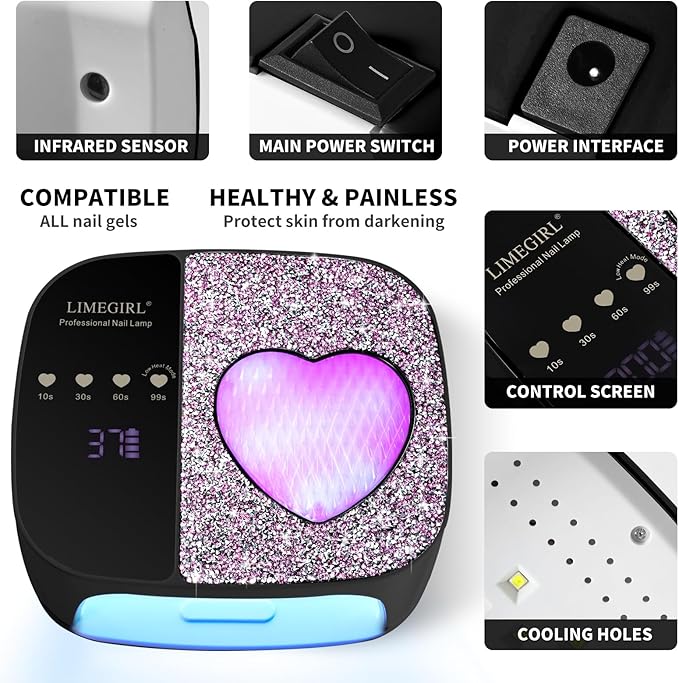 LimeGirl UV LED Nail Lamp Kit for Gel Polish Professional Fast Curing Black Dryer Light Set with 4 Timer Settings Cordless Rechargeable Nail Art Cure Machine for Manicure Pedicure at Home and Salon