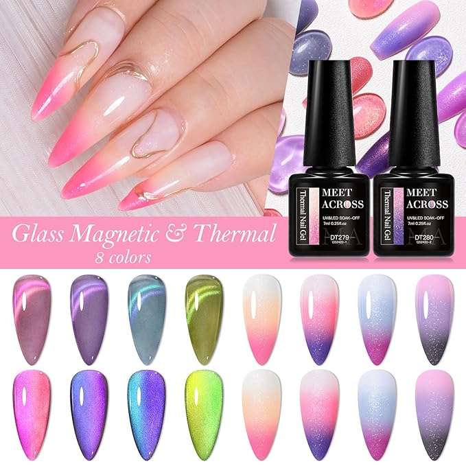 MEET ACROSS 8pcs Cat Eye Gel Nail Polish Set, Soak off UV LED Lamp Home Manicure Kit 7ml (Cat Eye + Glitter Warm Up)