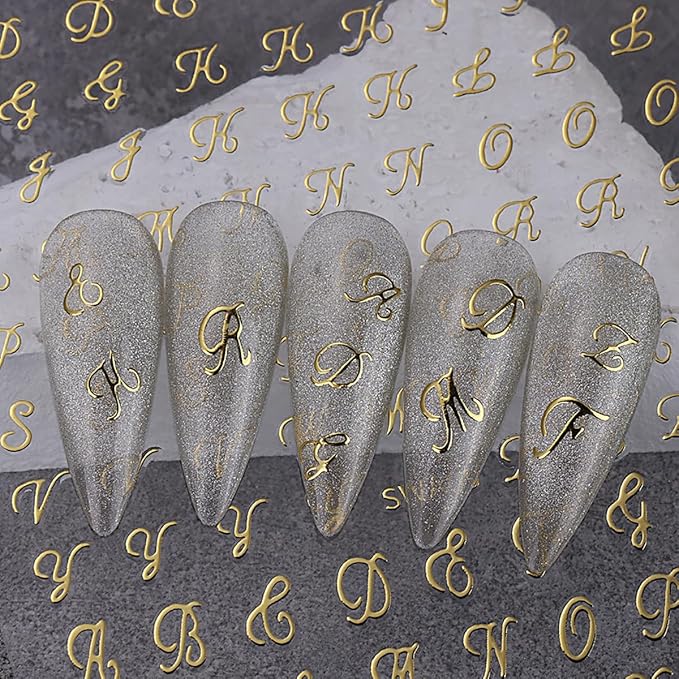 Letter Nail Art Stickers, Old English Letter Nail Art Decals 3D Self-Adhesive Gold Silver Black White Retro English Pattern Nail Design 6Pcs Nail Art Supplies for Women Nail Decoration