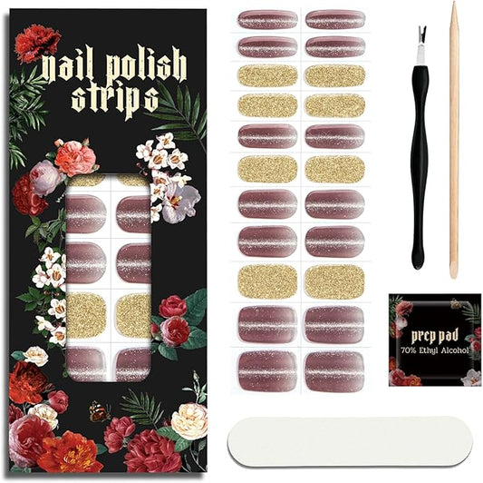 Nail Polish Strips - 22 Pcs Salon Quality Gel Nail Stickers - Long Lasting Wraps (Lavender Gold Foil)