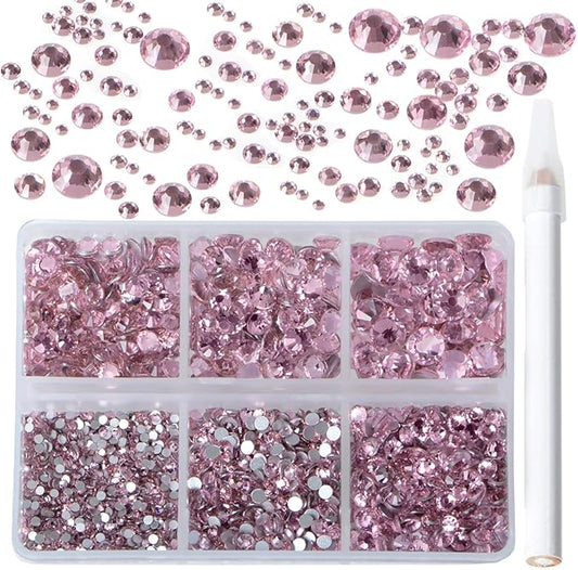 Bymitel 5000 Pieces 6 Mixed Sizes Glue Fix on Glass Rhinestones Round Crystal Gems Flatback for DIY Jewelry Making with one Picking Pen(6-Sizes 5000PCS, Lt. Rose)