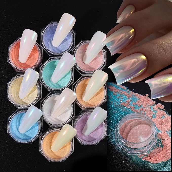 Mermaid Aurora Chrome Nail Powder 10 Boxes Colorful Pearlescent Glazed Powder Kits Pearl Metallic Mirror Pigment Rubbing Dust Nails Glitter Decoration DIY Designs Nail Accessories