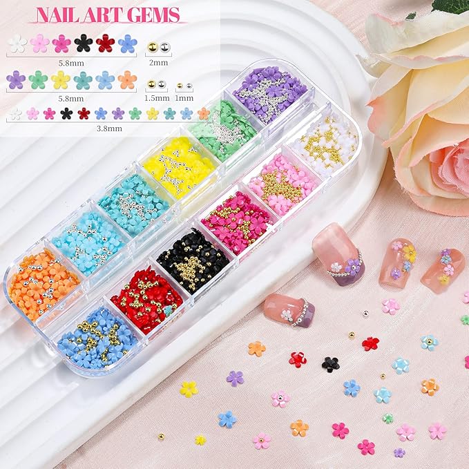 3 Boxes 3D Flower Nail Charms and Gems - Colorful Nail Flower & Aurora Bow Charms Metal Butterfly Clear Rhinestones Gemstones Silver/Gold Caviar Beads White Pearls with Nail Chain (12-S3-Mixed1)