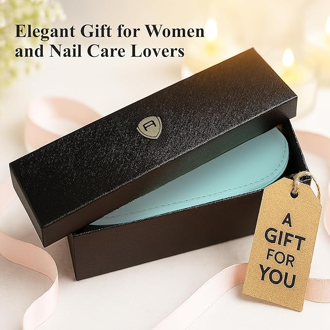 Alban Czech Glass Nail File Set with Manicure Stick & Vegan Leather Cosmetic Case (Royal Blue & Purple Nail Files, Royal Manicure Stick & Light Blue Cosmetic Case)