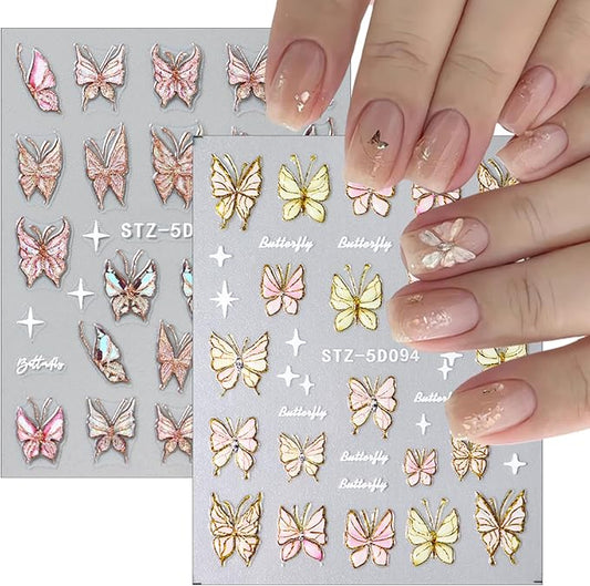 Aurora 2 Sheets Gradient Glitter Butterflies Nail Art Stickers Decals for Women DIY Manicure Accessories