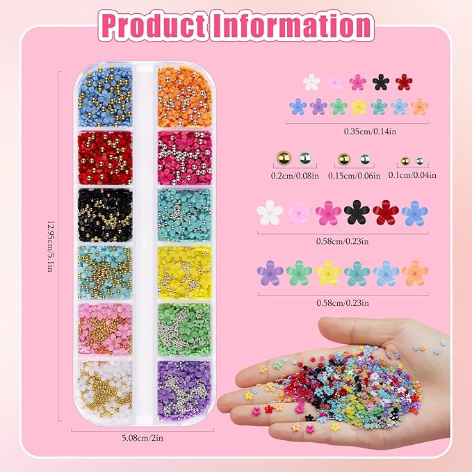 3D Colorful Flower Nail Charms with Gold Silver Metal Caviar Beads Cherry Blossom Petal Spring Nail Art Charms Acrylic Floral Studs for Women DIY Manicure Crafts (1-S1-Solid)
