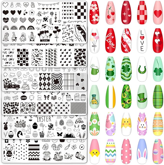 Whaline 6Pcs Valentine's Day St. Patrick's Day Easter Nail Plates Stamping Set Heart Shamrock Egg Stamp Templates Nail Art Plates for DIY Print Manicure Salon Design