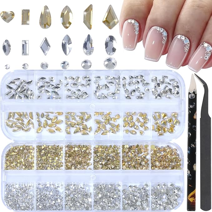 HNUIX Nail Rhinestones for nails - 3D Multi Shapes, Flat Back, Small Nail Gems, Crystal & Champagne Gold Nail Diamonds, with Kit, for Nail Art, DIY Decor
