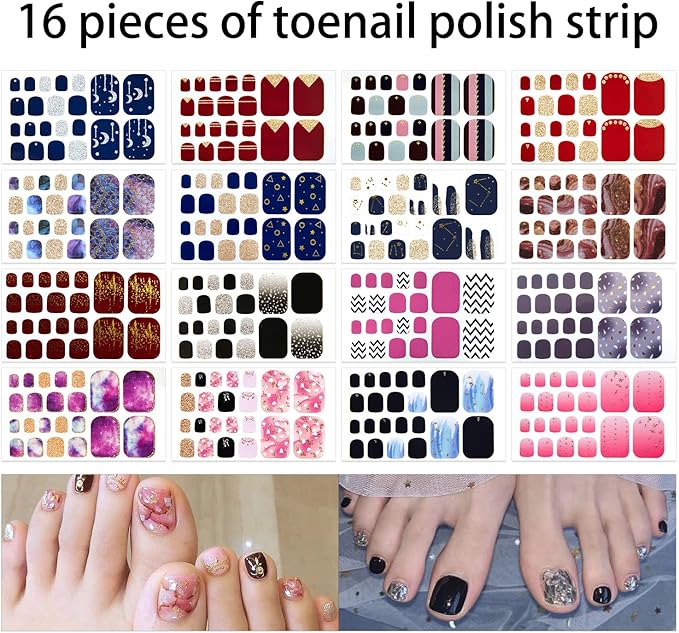 DANNEASY 16 Sheets Toe Nail Stickers Full Nail Wraps Ombre Toenail Polish Strips Self Adhesive Toes Nail Polish Stickers Gel Nail Strips Manicure Sticker with Nail File, Cuticle Stick
