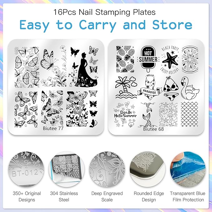 Biutee Nail Stamping Kit 12Pcs Nail Art Stamp Plates 8 Colors Stamping Polish Gel Silicone Stamper Scraper with Storage Bag, Nail Stamping Plate Lace Star Rose Plaid Template Halloween Design Gift