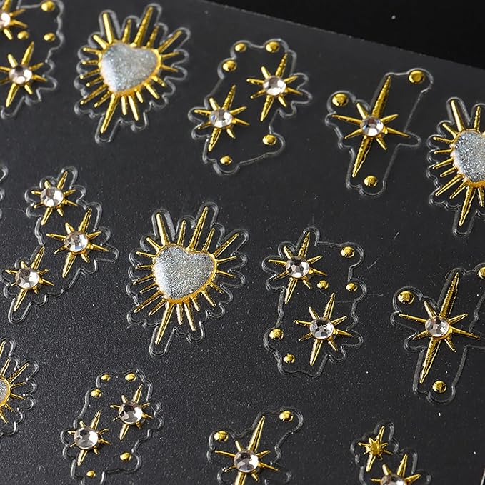2 Sheets Gold Star Nail Decals for Nail Art Celestial Nail Stickers Embossed Star Nail Decals with Diamond Designs 5D Self-Adhesive Sun Nail Supplies for Women DIY Manicure Nails Decoration