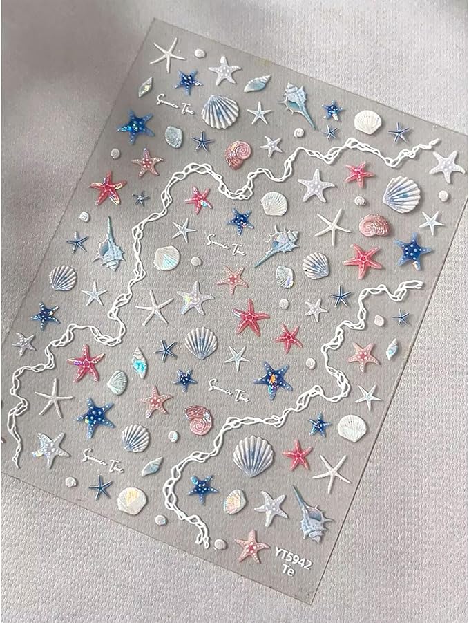 2 Sheets Summer Nail Art Stickers Ocean Theme Nail Decals Self-Adhesive Fish Shell Starfish Nail Design Stickers 5D Embossed Nail Supplies for Women Nail Art Decorations
