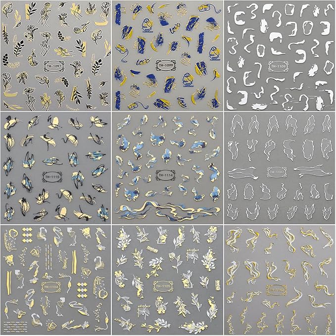 9 Sheets Marble Nail Stickers Flower Nail Art Stickers 3D Self-Adhesive Silver Gold Nail Decals Abstract Leaf Line Nail Designs for Women Nail Art Supplies Decoration, Style-a